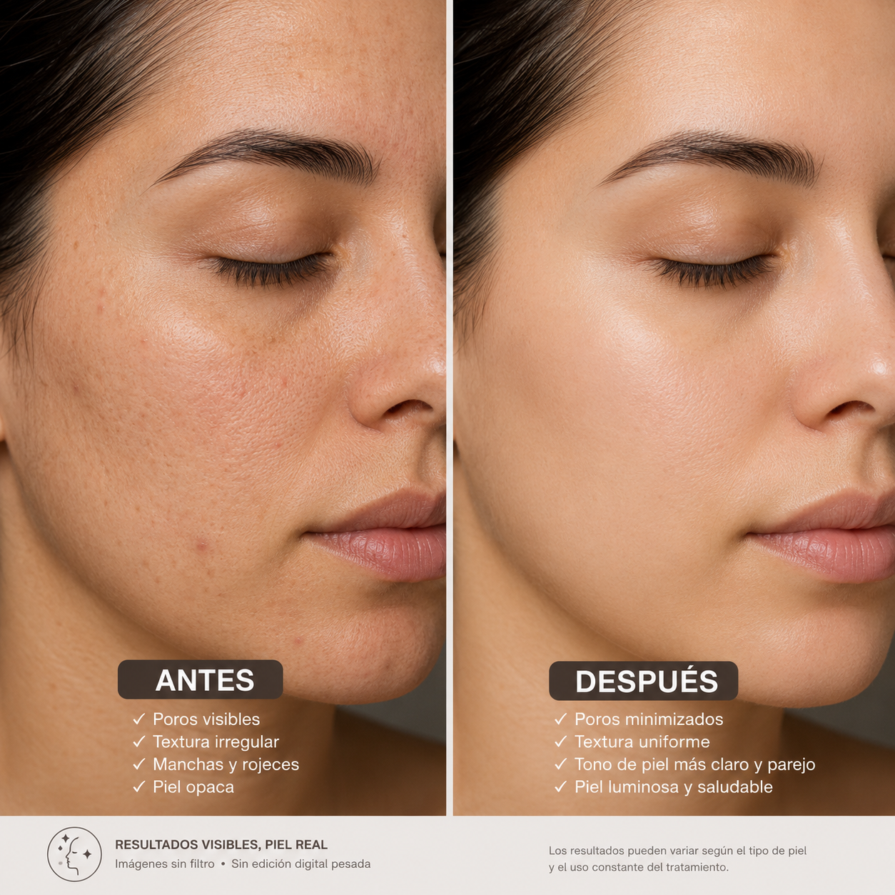 Comparativa antes y despues de usar el serum Glowkoji de acido kojico