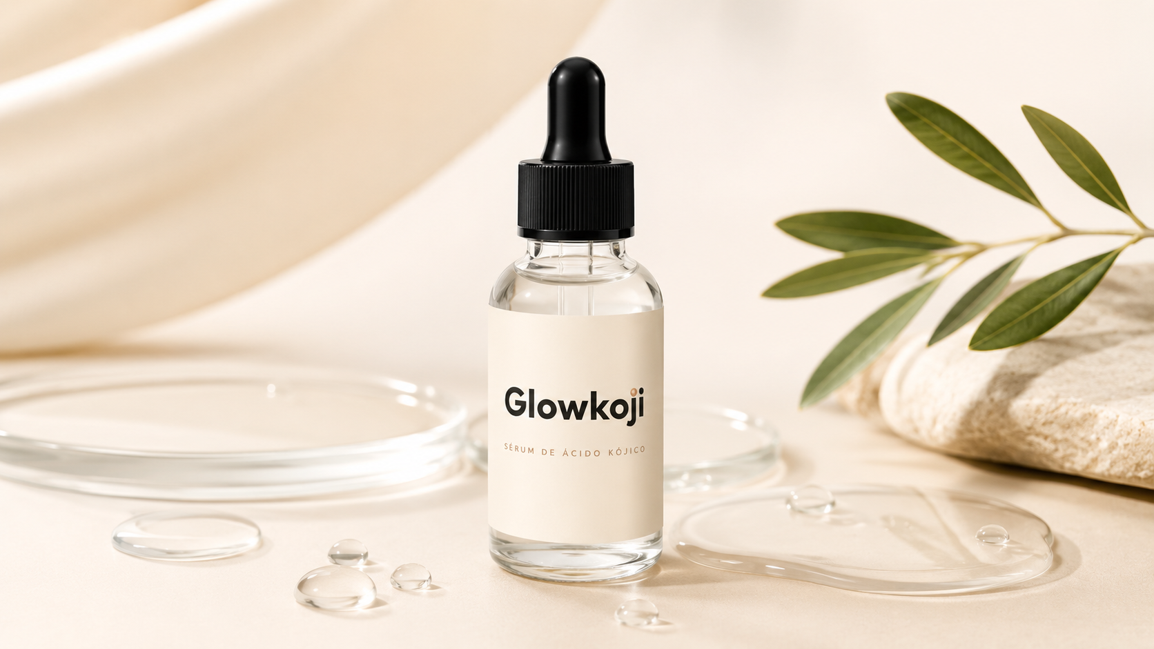 Serum Glowkoji de acido kojico, frasco con gotero junto a rama de olivo