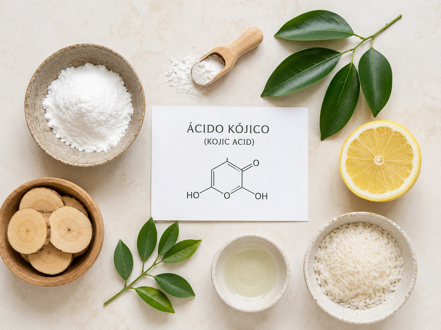 Ingredientes naturales del serum Glowkoji: acido kojico, arroz y raiz de konjac