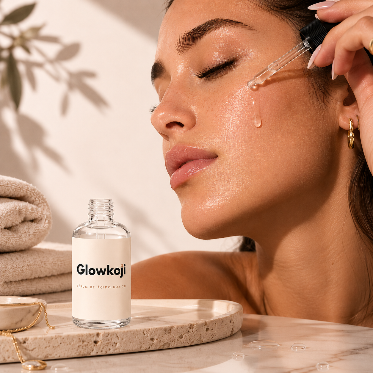 Mujer aplicandose el serum Glowkoji de acido kojico en el rostro